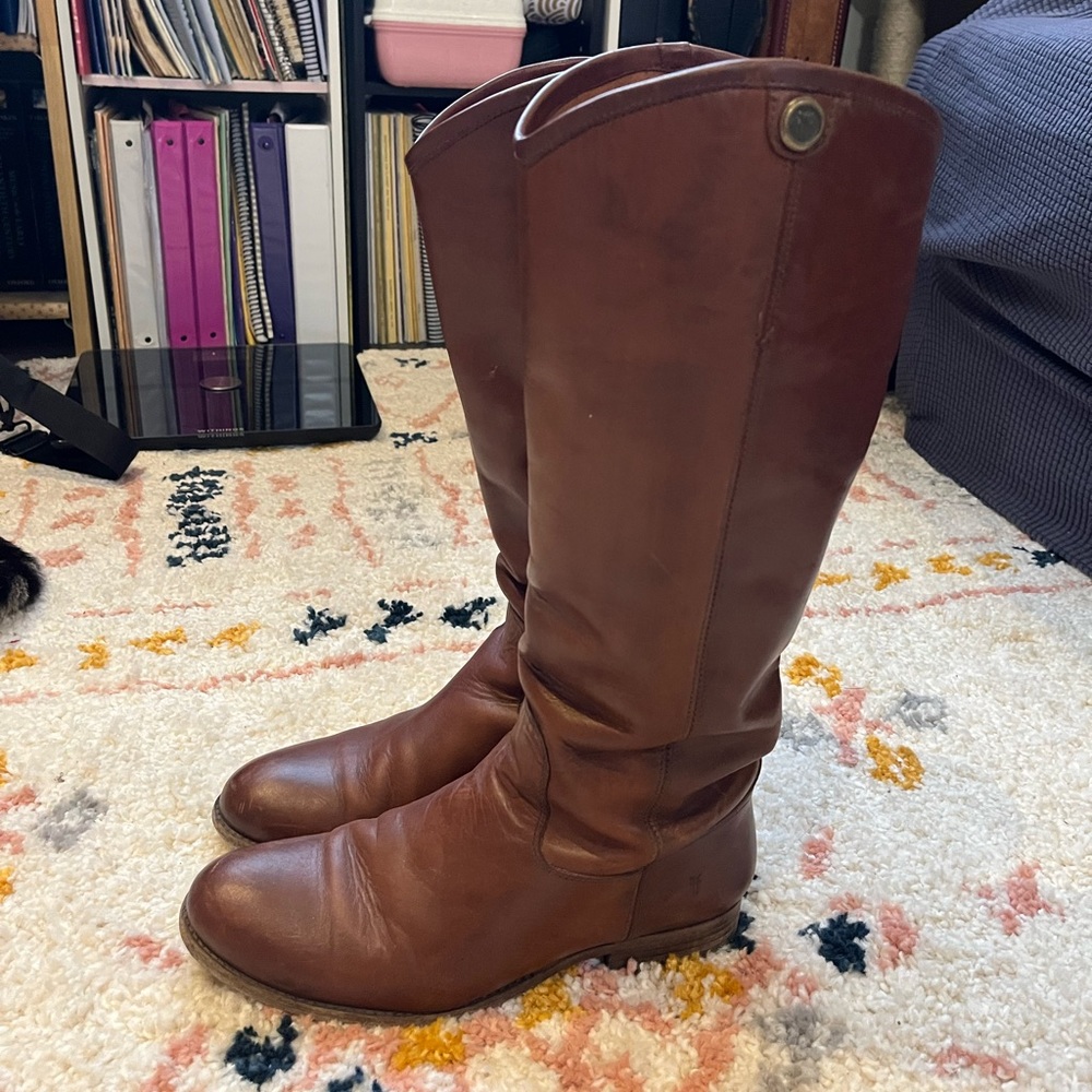 Frye Brown Leather Knee-High Combat/Moto Boots
